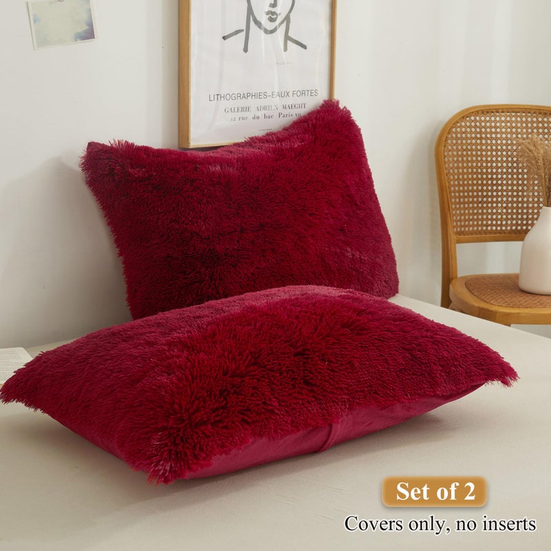 XeGe Faux Fur Fluffy Pillow Cases  Plush Shaggy Ultra Soft Furry Pillow Shams  Crystal Velvet Fuzzy Pillow Covers  Decorative Pillowcases for Bed Couch Sofa Zipper Closure  Set of 2 (King  Red) - Image 2