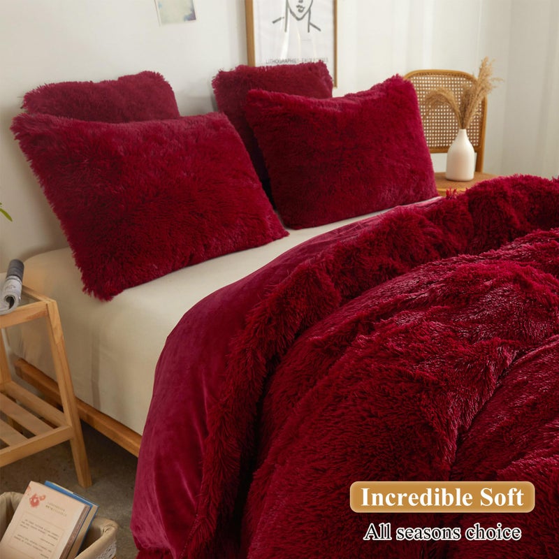 XeGe Faux Fur Fluffy Pillow Cases  Plush Shaggy Ultra Soft Furry Pillow Shams  Crystal Velvet Fuzzy Pillow Covers  Decorative Pillowcases for Bed Couch Sofa Zipper Closure  Set of 2 (King  Red) - Image 5