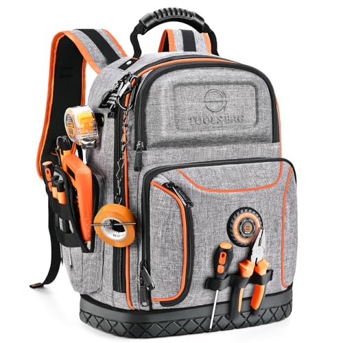 LOKASS Tool Bag Backpack, 75 Pockets & Loops Heavy Duty Tools Organizer Bags/HVAC Tool Carrier for Eelectrician/Construction Work with Molded Base and Combination Lock, Large, Grey - Image 1