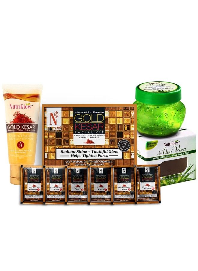 NUTRIGLOW Natural'S Advanced Pro Formula Gold Kesar Facial Kit (60Gm) Aloe Vera Face Gel (100Gm) & Gold Kesar Face Wash (65Ml) For Helps Tighten Pores Helps To Removes Wrinkles Pack Of 3  - Image 1