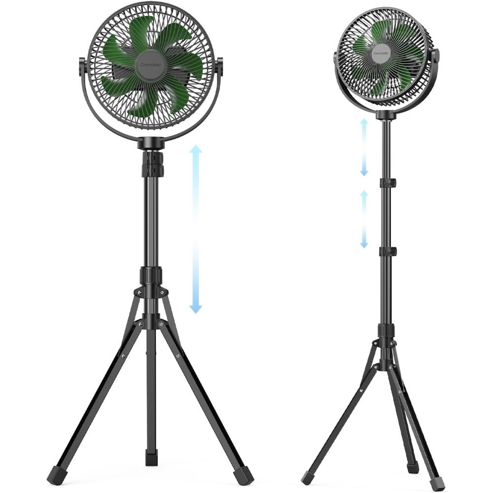 Portable 10000 mAh rechargeable pedestal fan with 8.5'' frame, 4-speed adjustable height, quiet operation for home office outdoor use, includes hook, max 37 h runtime