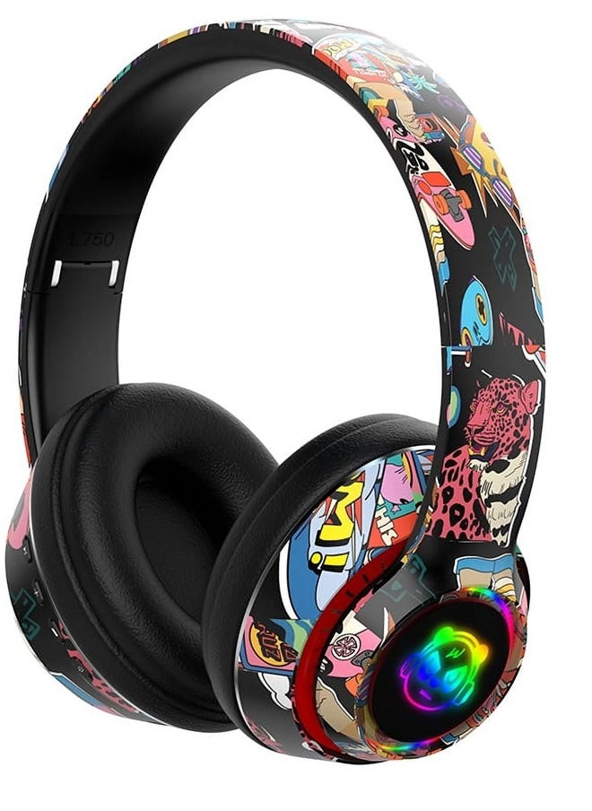 MIQIA Wireless Foldable Bluetooth Headphones over Ear Cool Graffiti Led Illuminated Gaming Headset Noise Cancelling Headphones with Built-in Microphone for Phone Computer, Scalable Music Headphone Gift for  - Image 1