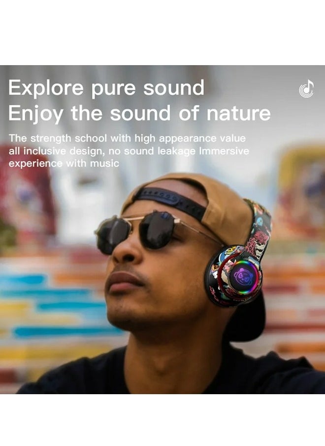 MIQIA Wireless Foldable Bluetooth Headphones over Ear Cool Graffiti Led Illuminated Gaming Headset Noise Cancelling Headphones with Built-in Microphone for Phone Computer, Scalable Music Headphone Gift for  - Image 2