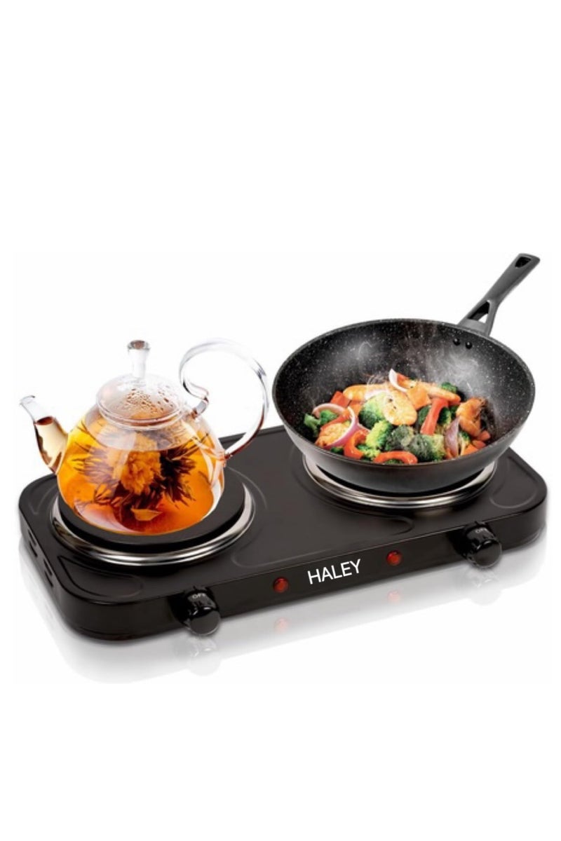 Haley سطح طهي كهربائي HALEY ثنائي 2000 واط – ترموستات قابل للتعديل، حماية من السخونة، جسم من الستانلس ستيل، ضمان سنة - Image 1