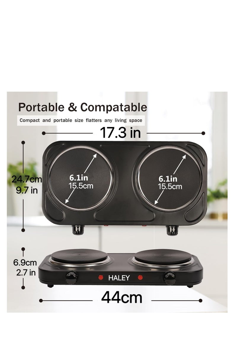Haley سطح طهي كهربائي HALEY ثنائي 2000 واط – ترموستات قابل للتعديل، حماية من السخونة، جسم من الستانلس ستيل، ضمان سنة - Image 2