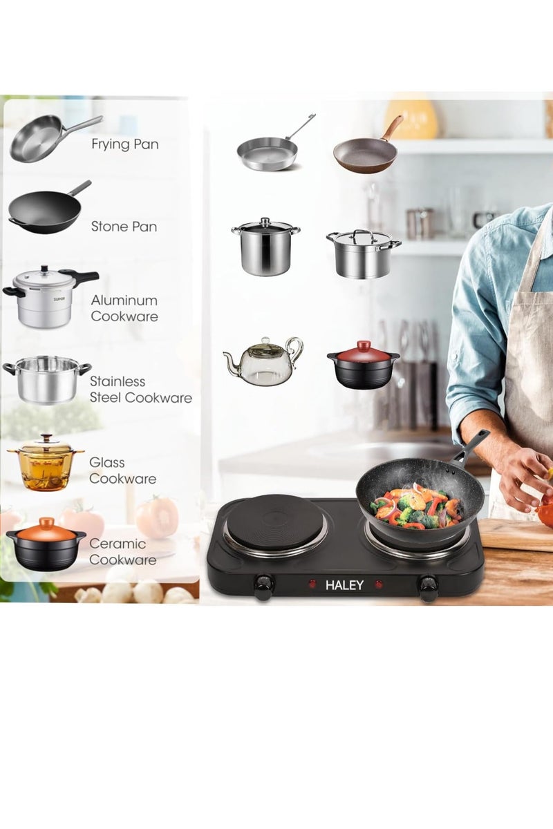 Haley سطح طهي كهربائي HALEY ثنائي 2000 واط – ترموستات قابل للتعديل، حماية من السخونة، جسم من الستانلس ستيل، ضمان سنة - Image 4