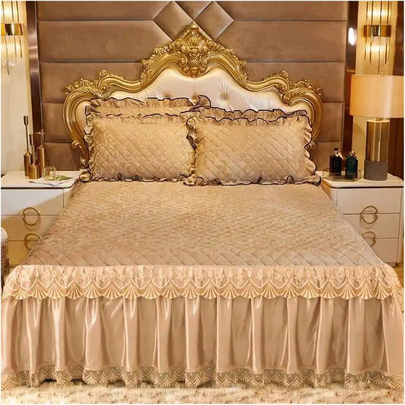 Ruffle Bed Skirt 3 Pieces Flannel Quilted Bed Skirt Soft Elegant Crystal Velvet Bedspread King Size Short Plush Bed Cover(Camal,180x200cm) - Image 1