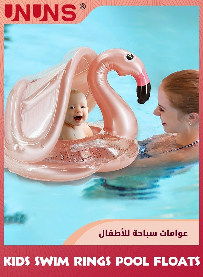 UNUNS عوامة حمام سباحة للأطفال مع مظلة، حلقة سباحة قابلة للنفخ للأطفال، عوامات حمام سباحة للأطفال مع مظلة ومقعد، ألعاب حمام مائي خارجية للأنشطة الصيفية للبنات والأولاد من سن 1 إلى 6 سنوات، طائر الفلامنغو الذهبي  - Image 1
