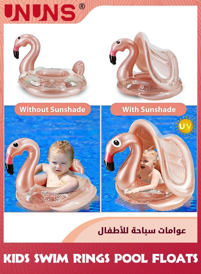 UNUNS عوامة حمام سباحة للأطفال مع مظلة، حلقة سباحة قابلة للنفخ للأطفال، عوامات حمام سباحة للأطفال مع مظلة ومقعد، ألعاب حمام مائي خارجية للأنشطة الصيفية للبنات والأولاد من سن 1 إلى 6 سنوات، طائر الفلامنغو الذهبي  - Image 2