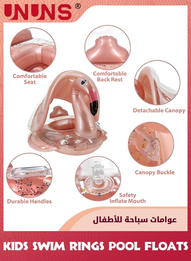 UNUNS عوامة حمام سباحة للأطفال مع مظلة، حلقة سباحة قابلة للنفخ للأطفال، عوامات حمام سباحة للأطفال مع مظلة ومقعد، ألعاب حمام مائي خارجية للأنشطة الصيفية للبنات والأولاد من سن 1 إلى 6 سنوات، طائر الفلامنغو الذهبي  - Image 4