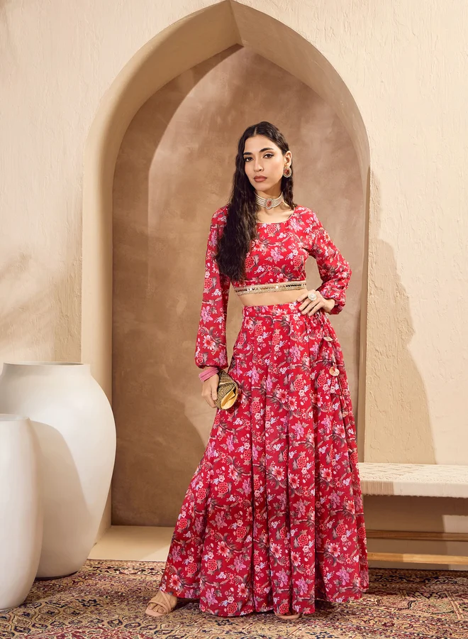 SASSAFRAS Sassafras Red Floral Print Round Neck Crop Top with Anarkali Skirt Co-Ords