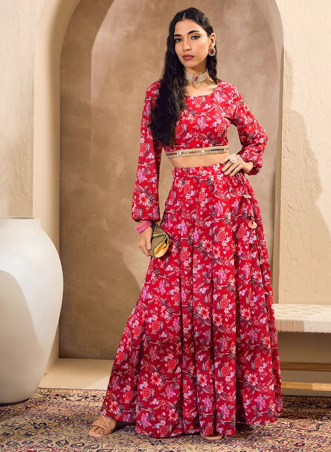 SASSAFRAS Sassafras Red Floral Print Round Neck Crop Top with Anarkali Skirt Co-Ords