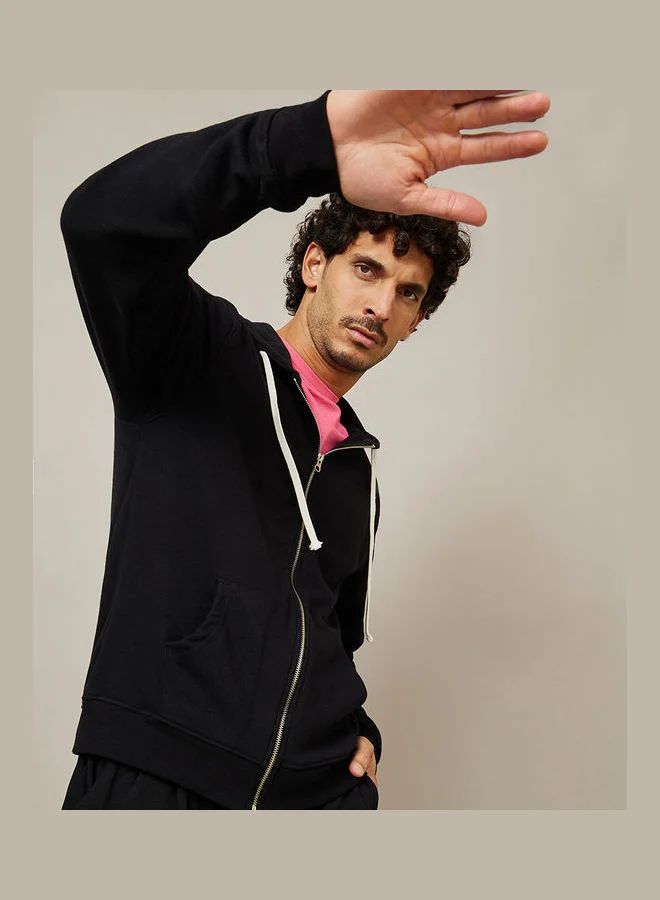 Styli Front Zip Hoodie with Contrast Drawstring Detail