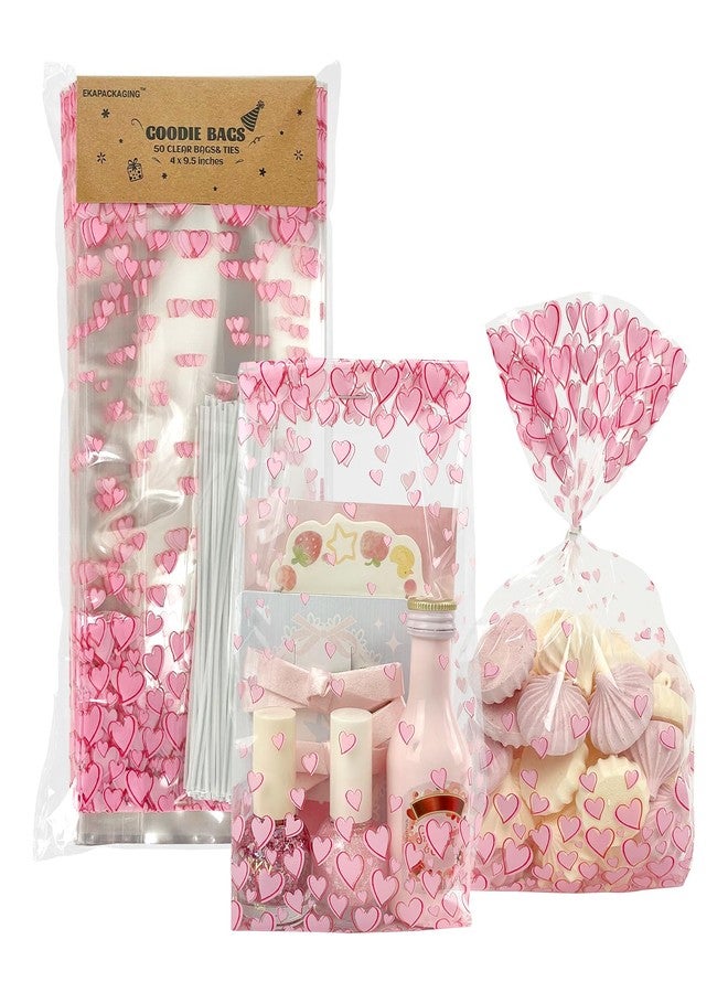 EKAPACKAGING 50Pcs 4x9.5 Inches Heart Pattern Side Gusseted Treat Bags with Ties, Clear Pink Cellophane Bags for Cookies & Pretzel Rods, Valentine's Day Goodie Bags for Small Gifts - Image 1