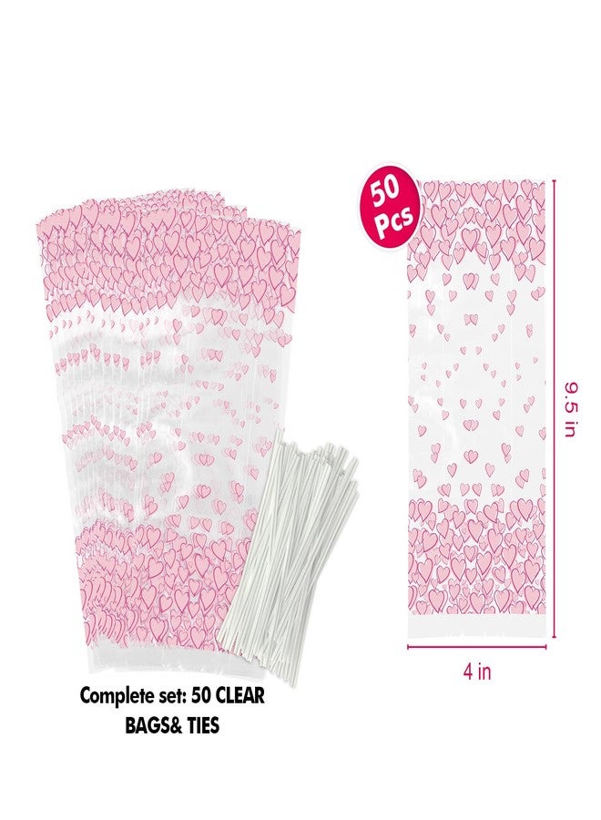 EKAPACKAGING 50Pcs 4x9.5 Inches Heart Pattern Side Gusseted Treat Bags with Ties, Clear Pink Cellophane Bags for Cookies & Pretzel Rods, Valentine's Day Goodie Bags for Small Gifts - Image 2