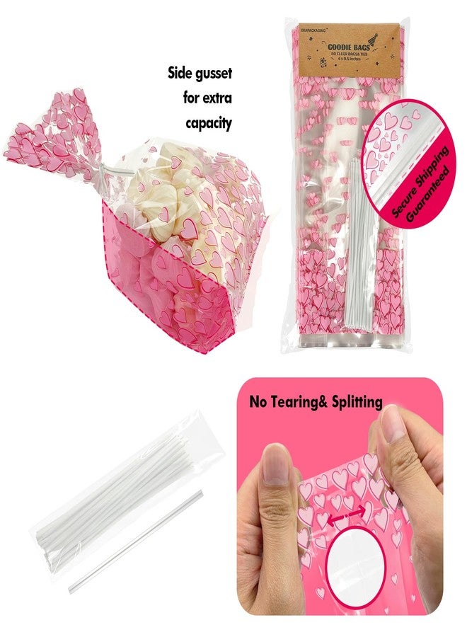 EKAPACKAGING 50Pcs 4x9.5 Inches Heart Pattern Side Gusseted Treat Bags with Ties, Clear Pink Cellophane Bags for Cookies & Pretzel Rods, Valentine's Day Goodie Bags for Small Gifts - Image 3