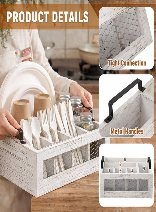 Mimorou Farmhouse Wooden Napkin Paper Plate and Utensil Holder Caddy Kitchen Utensil Holder Farmhouse Rustic Cutlery Flatware Organizer for Party Caddy Spoon Forks Napkins(Distressed White) - Image 3