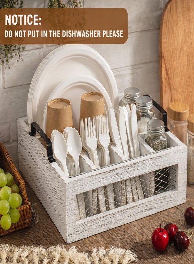 Mimorou Farmhouse Wooden Napkin Paper Plate and Utensil Holder Caddy Kitchen Utensil Holder Farmhouse Rustic Cutlery Flatware Organizer for Party Caddy Spoon Forks Napkins(Distressed White) - Image 2