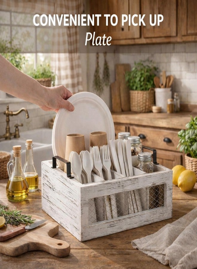 Mimorou Farmhouse Wooden Napkin Paper Plate and Utensil Holder Caddy Kitchen Utensil Holder Farmhouse Rustic Cutlery Flatware Organizer for Party Caddy Spoon Forks Napkins(Distressed White) - Image 4