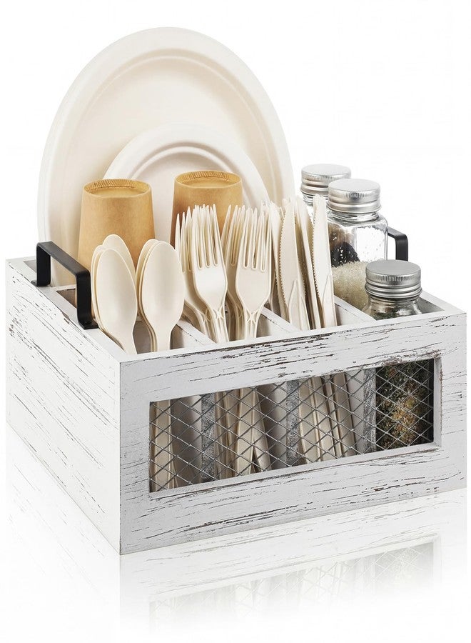 Mimorou Farmhouse Wooden Napkin Paper Plate and Utensil Holder Caddy Kitchen Utensil Holder Farmhouse Rustic Cutlery Flatware Organizer for Party Caddy Spoon Forks Napkins(Distressed White) - Image 1