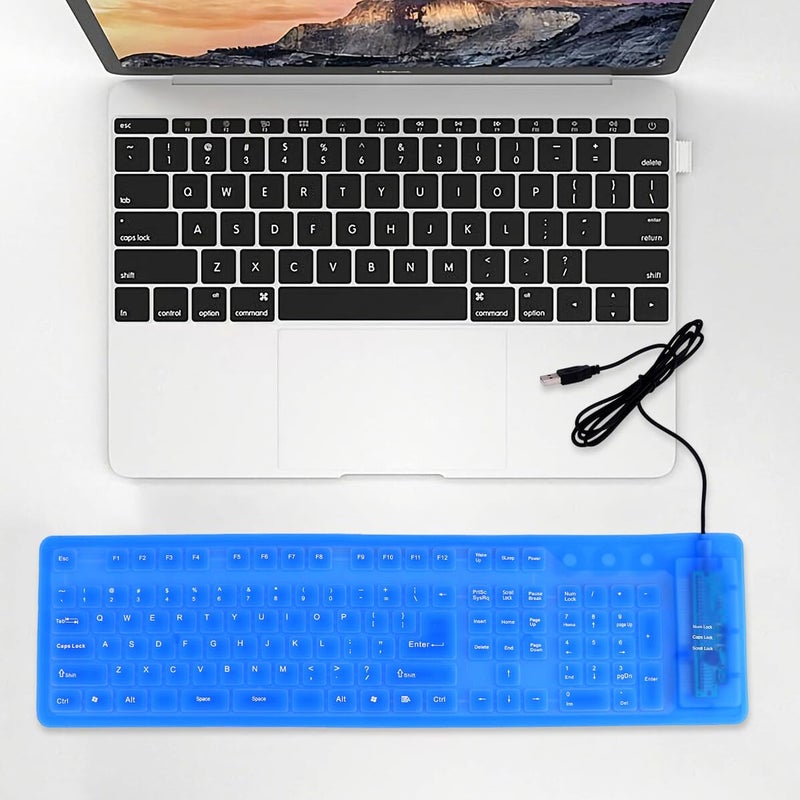 لوحة مفاتيح USB سلكية قابلة للطي فائقة النحافة صامتة ملمس ناعم محمولة مقاومة للغبار الأزرق - Image 4