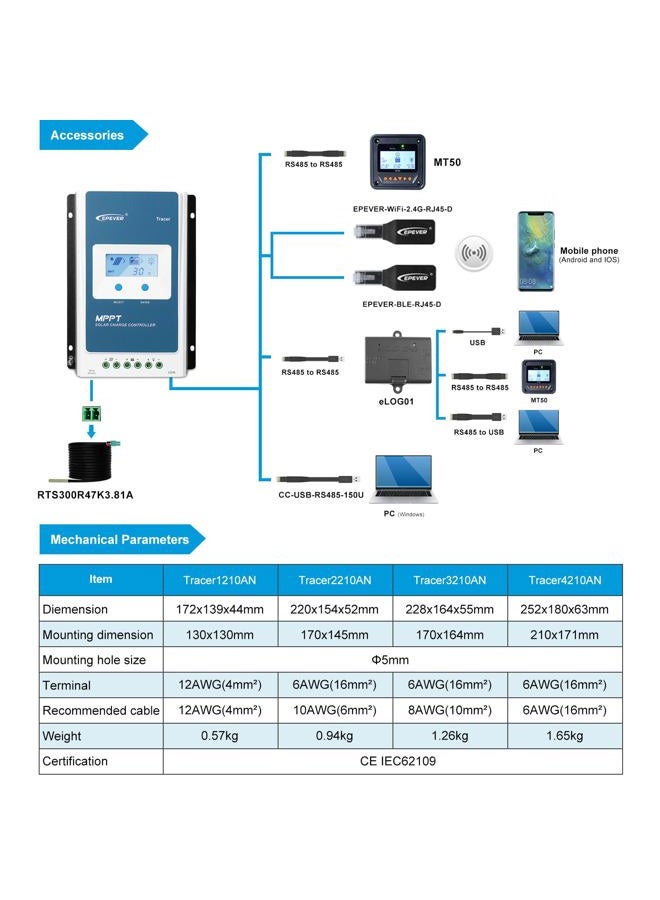 EPEVER MPPT Solar Charge Controller 40A 12V/24V Tracer4210AN + Remote Meter MT50 Monitor + RTS for Solar Panel Charge Controller Regulator with LCD Display (Tracer4210AN + MT50+RTS) - Image 5