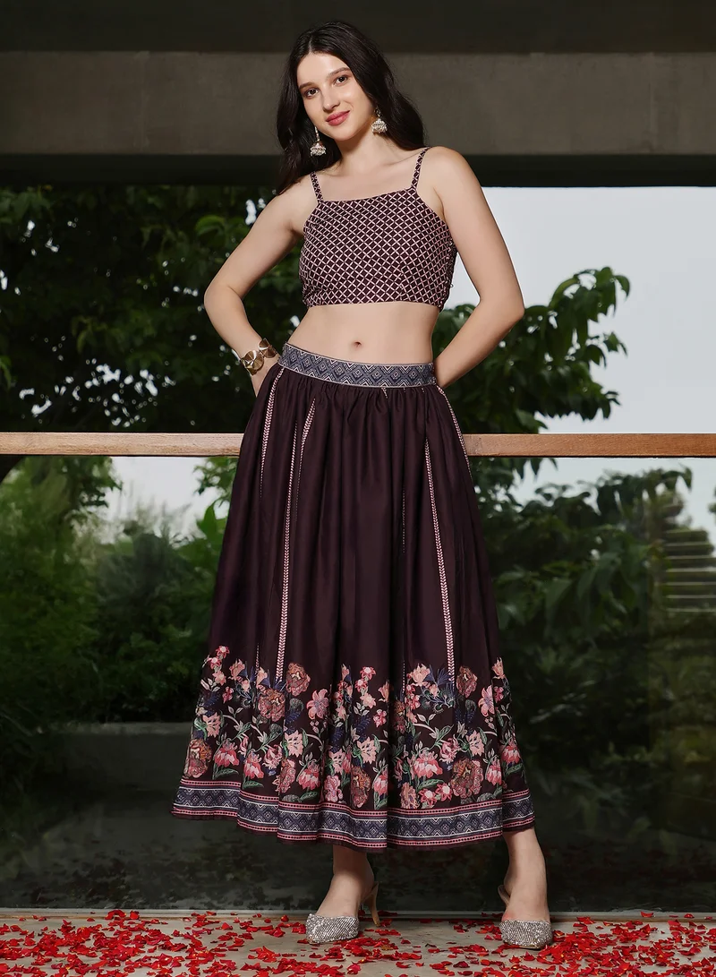  قصة Qissa Women's Burgundy Red Geometrical-Flora Co-Ord Set For Ethnic Wear | Spagetti Straps, Sleeveless | Geometric Print Plain Fabric | 3 Piece Co-Ords Designed For Evening & Party Wear