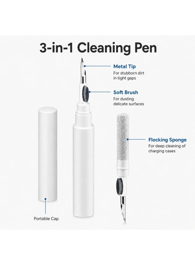 3-in-1 Earbud Cleaning Pen with Metal Detail Tip, Soft Dust Brush and Flocked Cleaning Sponge, Portable Cleaner for Earbuds, Charging Cases and Small Device Gaps, White - Image 2