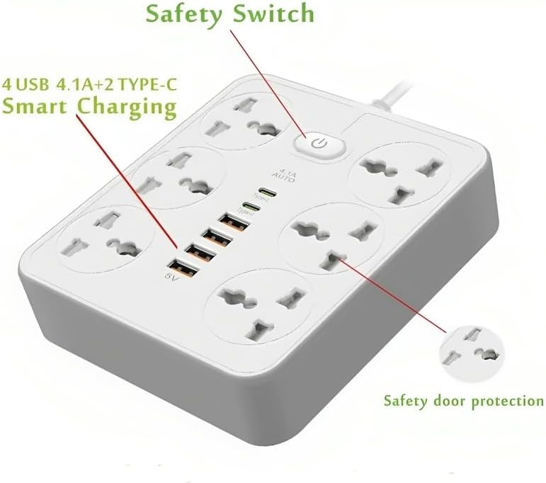 NOJTI لوحة تمديد، مشترك كهربائي مع 6 منافذ USB و3 مقابس عالمية، سلك تمديد بقدرة 2500 واط 10 أمبير، مشترك كهربائي مزود بحماية من زيادة التيار ثلاثي الأطراف للمنزل، المكتب، الكمبيوتر، شحن الجوال (أسود-Z67) - Image 2