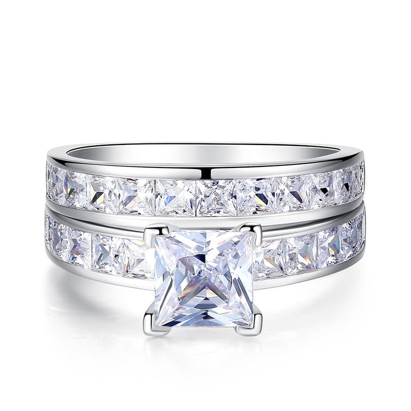 MABELLA 925 Sterling Silver Princess Clear Cubic Zirconia Engagement Rings Wedding Band Set Gifts Ring for Women Size 6 - Image 3
