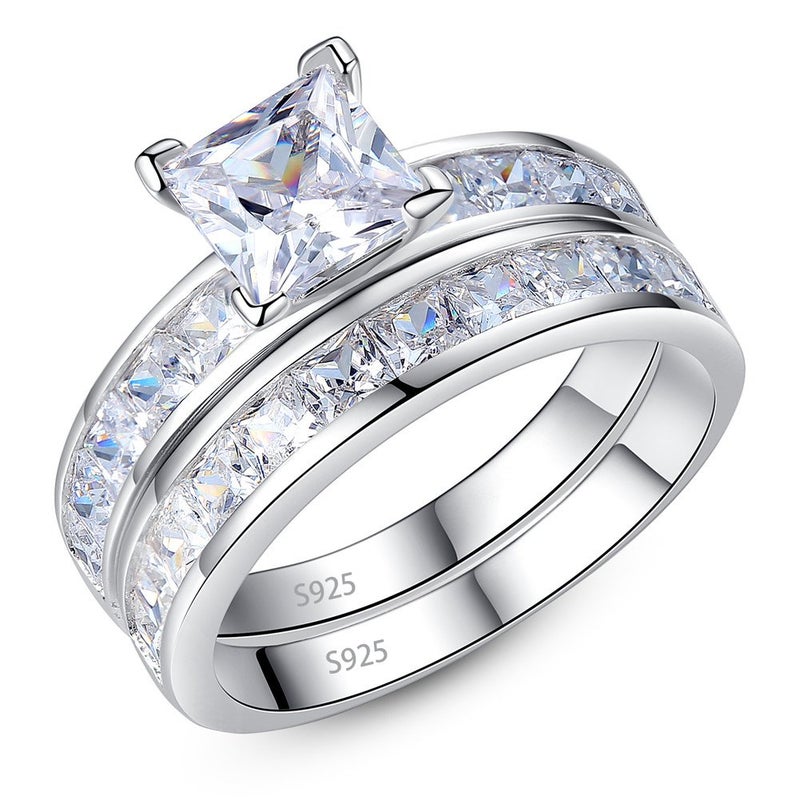 MABELLA 925 Sterling Silver Princess Clear Cubic Zirconia Engagement Rings Wedding Band Set Gifts Ring for Women Size 6 - Image 1