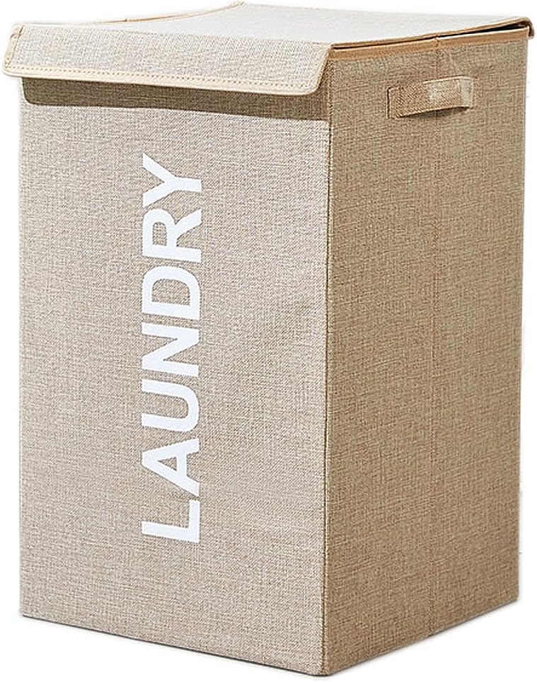 Clesante Laundry Basket with Lid, 58L Foldable Laundry Hamper With Handles, Floor-Standing Dirty Clothes Hamper for Bathroom Bedroom Living Room (Beige) - Image 1