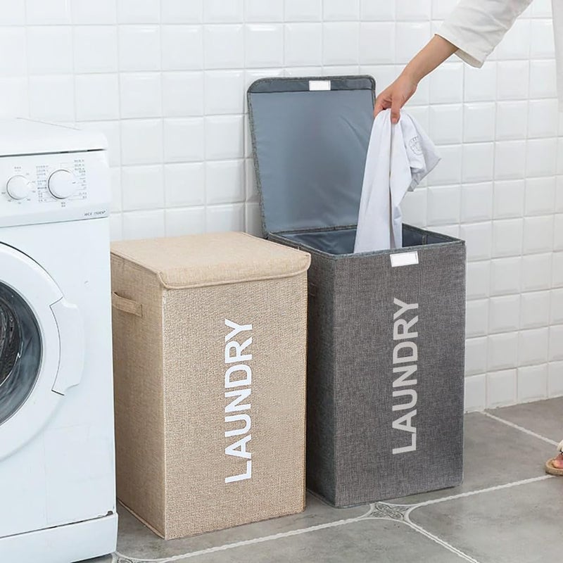 Clesante Laundry Basket with Lid, 58L Foldable Laundry Hamper With Handles, Floor-Standing Dirty Clothes Hamper for Bathroom Bedroom Living Room (Beige) - Image 2