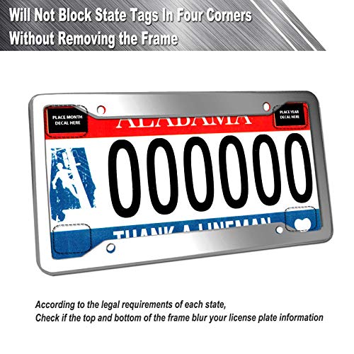 AOOTF إطارات لوحات ترخيص من الفولاذ المقاوم للصدأ Aootf - غطاء علامة السيارة بلمسة مرآة فضية ثقيلة مع أغطية براغي كروم، 4 ثقوب، عبوة من 2 لحاملي الأمام والخلف للنساء/الرجال، أغطية صمامات الإطارات، وسادات مضادة للاهتزاز - Image 3
