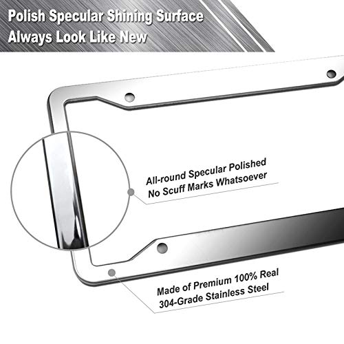 AOOTF إطارات لوحات ترخيص من الفولاذ المقاوم للصدأ Aootf - غطاء علامة السيارة بلمسة مرآة فضية ثقيلة مع أغطية براغي كروم، 4 ثقوب، عبوة من 2 لحاملي الأمام والخلف للنساء/الرجال، أغطية صمامات الإطارات، وسادات مضادة للاهتزاز - Image 2