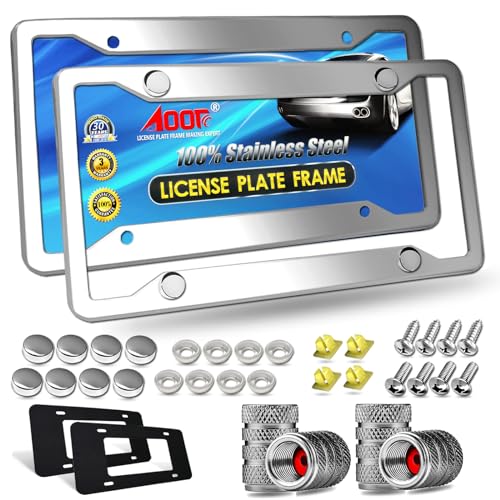 AOOTF إطارات لوحات ترخيص من الفولاذ المقاوم للصدأ Aootf - غطاء علامة السيارة بلمسة مرآة فضية ثقيلة مع أغطية براغي كروم، 4 ثقوب، عبوة من 2 لحاملي الأمام والخلف للنساء/الرجال، أغطية صمامات الإطارات، وسادات مضادة للاهتزاز - Image 1