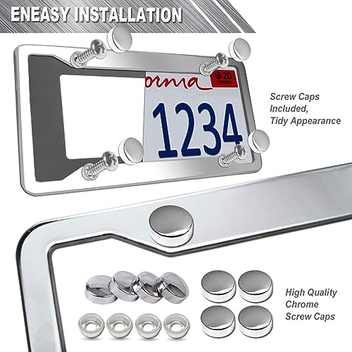 AOOTF إطارات لوحات ترخيص من الفولاذ المقاوم للصدأ Aootf - غطاء علامة السيارة بلمسة مرآة فضية ثقيلة مع أغطية براغي كروم، 4 ثقوب، عبوة من 2 لحاملي الأمام والخلف للنساء/الرجال، أغطية صمامات الإطارات، وسادات مضادة للاهتزاز - Image 4