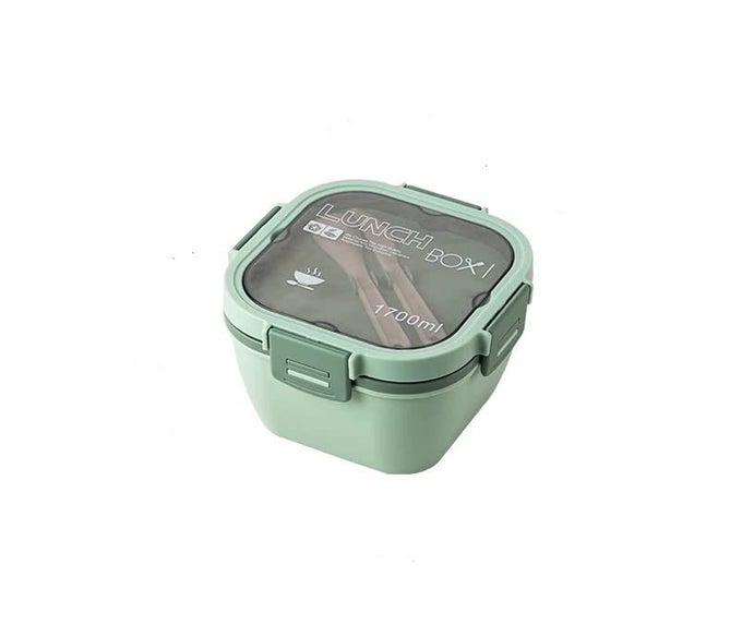 TIFFIN BOX AIRTIGHT LEAKPROOF DOUBLE LAYER 4 COMPARTMENT WITH SAUCE CONTAINER ALONG WITH SPOON AND BUTTER KNIFE 1700 ML FOR KIDS AND ADULTS (GREEN)