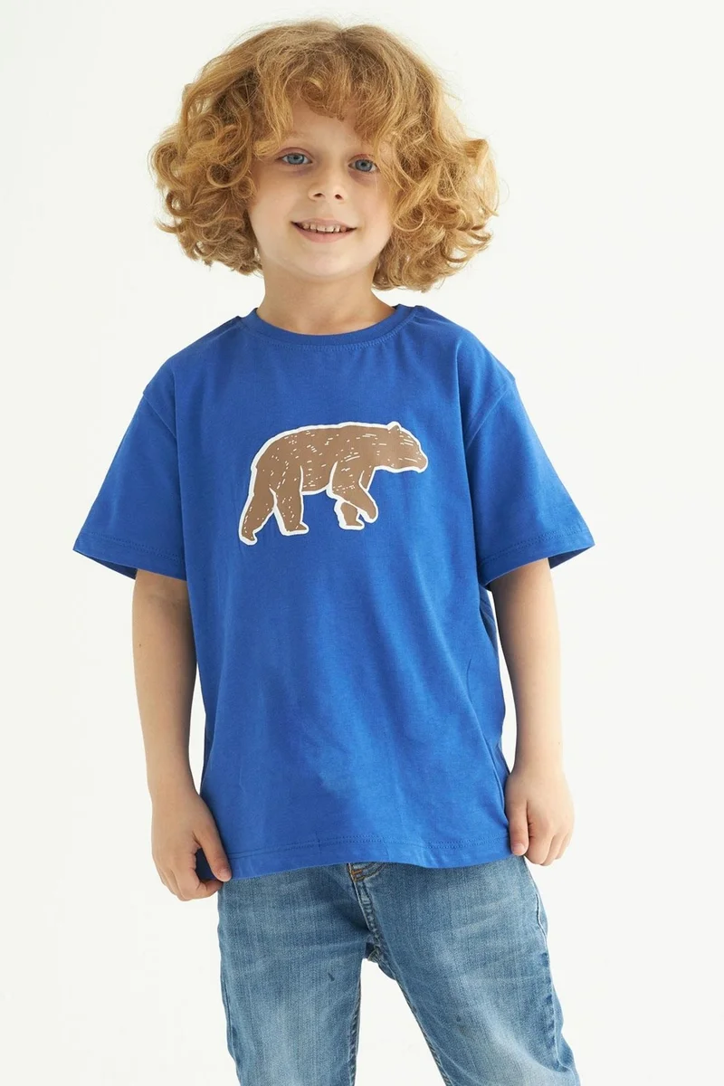 Zepkids Crew Neck Short Sleeve Bear Printed Saxe Color Boy T-shirt