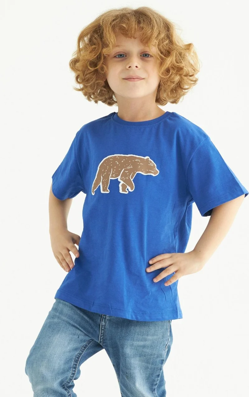 Zepkids Crew Neck Short Sleeve Bear Printed Saxe Color Boy T-shirt