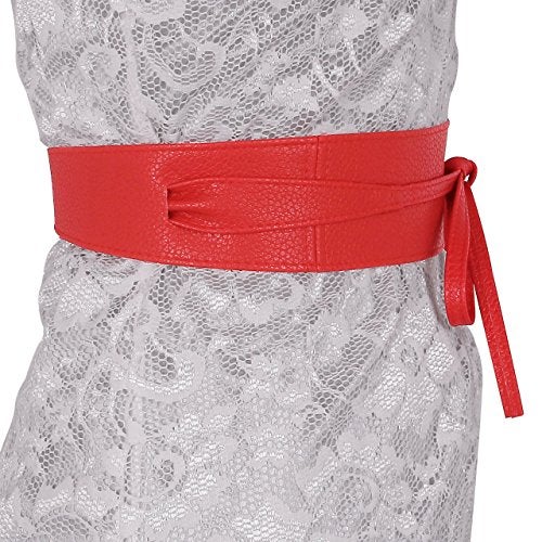 Ayliss Women Soft Leather Obi Belt Self Tie Wrap Cinch Belt,Red - Image 3