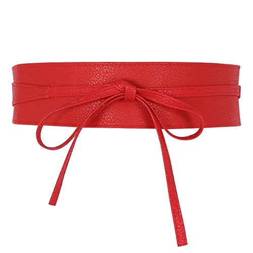 Ayliss Women Soft Leather Obi Belt Self Tie Wrap Cinch Belt,Red - Image 1
