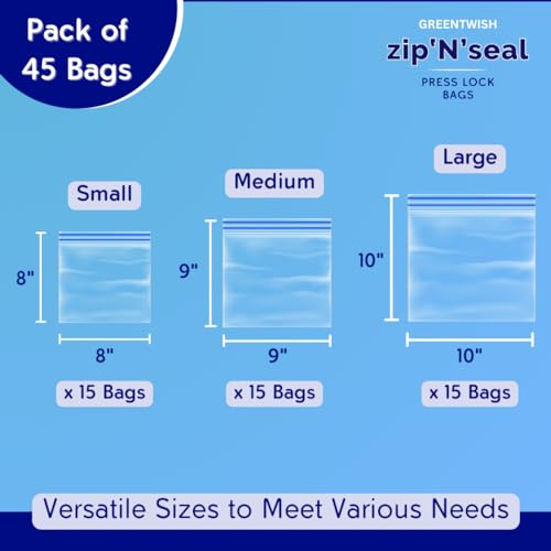 GREENTWISH Zip 'N' Seal (Pack of 45 Bags) Dual Zipper Zip Lock Bags, Freezer/Microwave Safe, Ziplock Bag For Food Storage, BPA Free Reusable LDPE Transparent Freezer Bag, Small-15, Medium-15, Large-15 - Image 2
