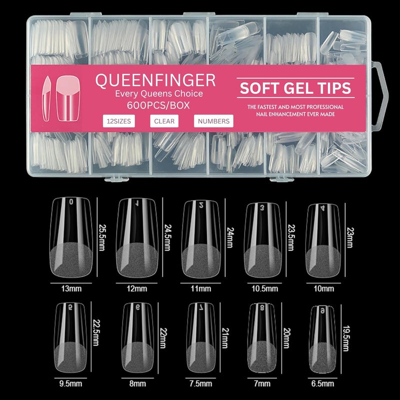 QUEENFINGER Gel X Nail Tips, Soft Gel Full Cover Clear Acrylic Nail Extensions for Manicure Nail Art Salon or Home DIY Use Medium Length (600Pcs, #QF5) - Image 2