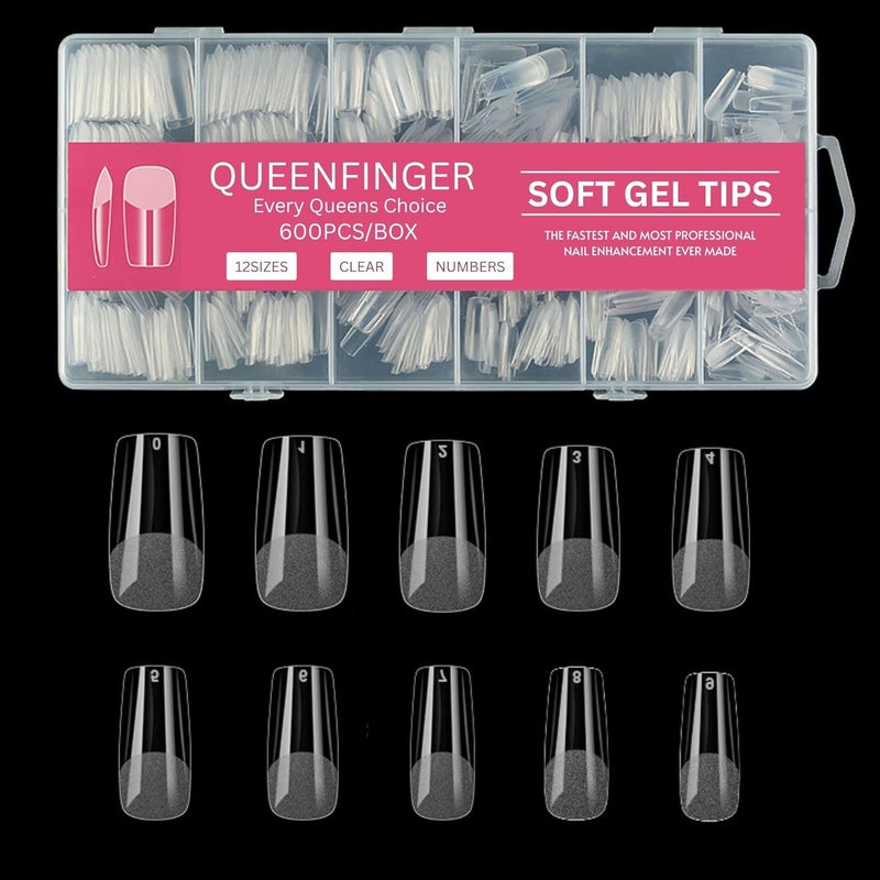 QUEENFINGER Gel X Nail Tips, Soft Gel Full Cover Clear Acrylic Nail Extensions for Manicure Nail Art Salon or Home DIY Use Medium Length (600Pcs, #QF5) - Image 1