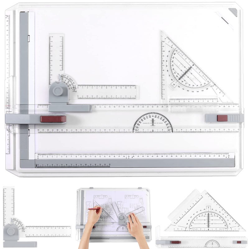 eSynic A3 Drawing Board Set A3 Multifunction Drafting Table Adjustable Measuring System Angle Parallel Motion Drawing Board with Protractor Paper Locator Sliding Ruler Anti Slip Support Leg