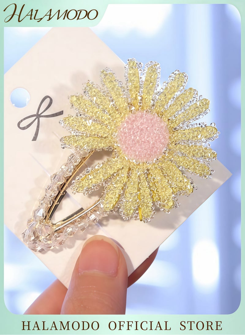 HALAMODO Handcrafted Sunflower Hairpin Yellow Floral Design with Sparkling Crystal Accents Secure Metal Clip Elegant and Versatile for Hair Decoration Weddings and Special Occasions - Image 1