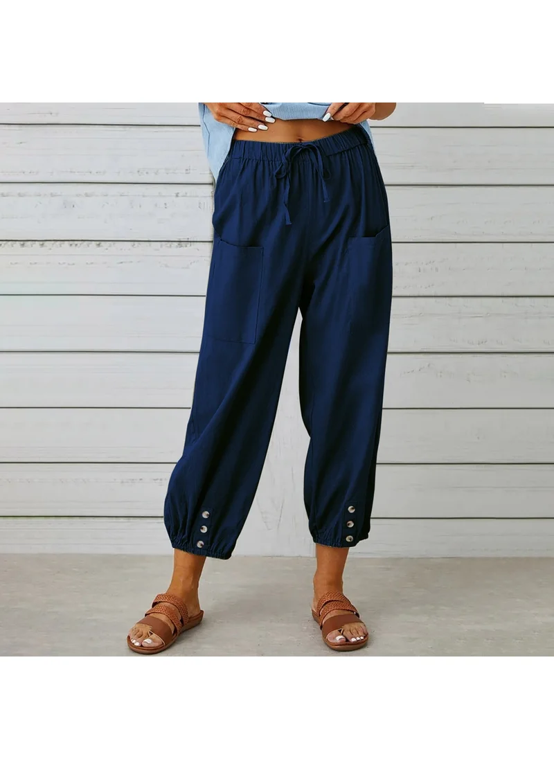Barbora Linen Casual Trousers with Elastic Waist and Lacing LN15LACIVERT