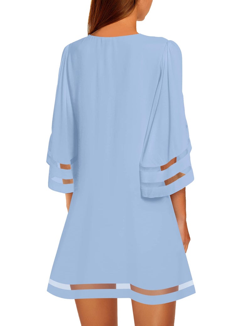 LookbookStore Dresses for Women Casual Summer 3/4 Bell Sleeve Mesh Panel Loose Shift Dress Cute Solid Powder Blue Size Medium - Image 2