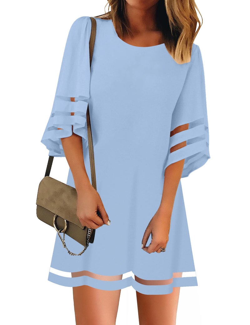 LookbookStore Dresses for Women Casual Summer 3/4 Bell Sleeve Mesh Panel Loose Shift Dress Cute Solid Powder Blue Size Medium - Image 1